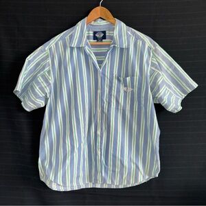 VTG Y2K 90s Dockers Womens Petite Short Sleeve Blue Stripe Button Up Shirt Med